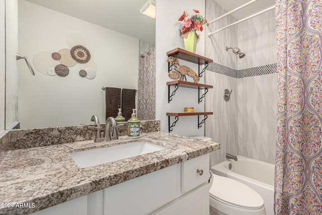 full bathroom with vanity, toilet, and shower / bathtub combination with curtain