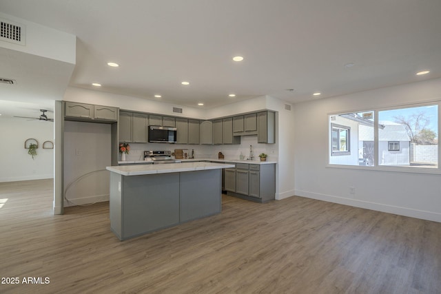 kitchen featuring gray cabinets, sink, light hardwood / wood-style floors, and stainless steel appliances