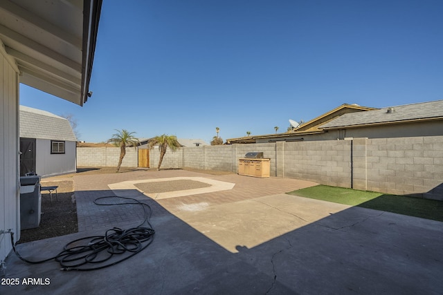 view of patio / terrace featuring a storage shed