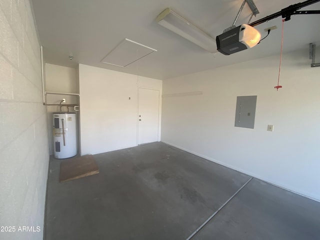 garage featuring water heater, concrete block wall, a garage door opener, and electric panel