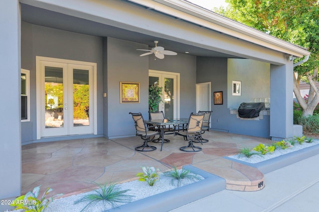 view of patio / terrace with french doors, grilling area, and ceiling fan