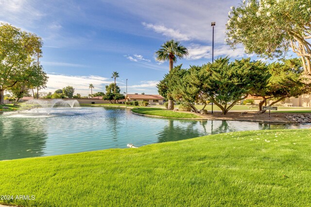 view of property's community featuring a yard and a water view