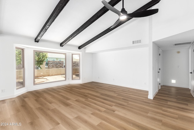 unfurnished living room featuring lofted ceiling with beams, ceiling fan, and light wood-type flooring