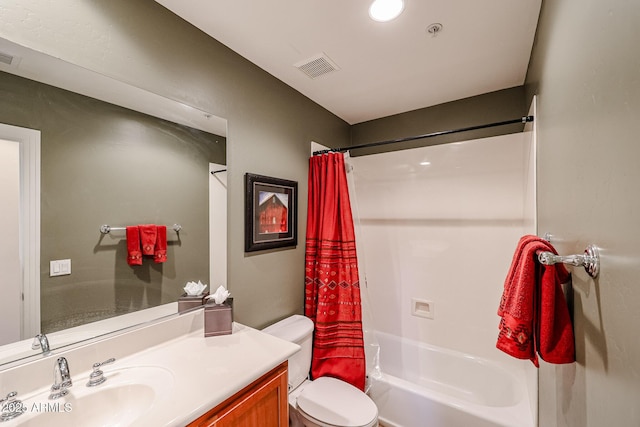 bathroom featuring toilet, shower / bathtub combination with curtain, vanity, and visible vents