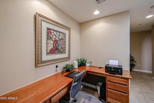 office with light tile patterned floors, recessed lighting, baseboards, and visible vents