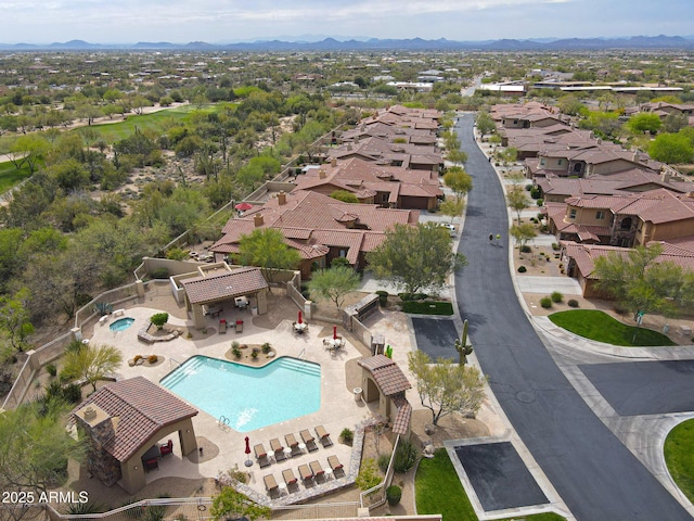 birds eye view of property featuring a residential view and a mountain view