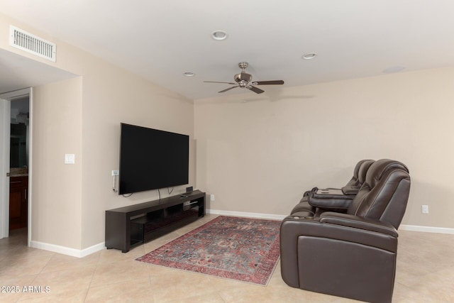 9809 W Behrend Dr, Peoria, AZ 85382 - living room featuring a ceiling fan, baseboards, recessed lighting, and light tile patterned flooring
