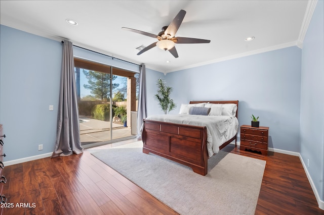 bedroom with dark wood-type flooring, access to exterior, and crown molding