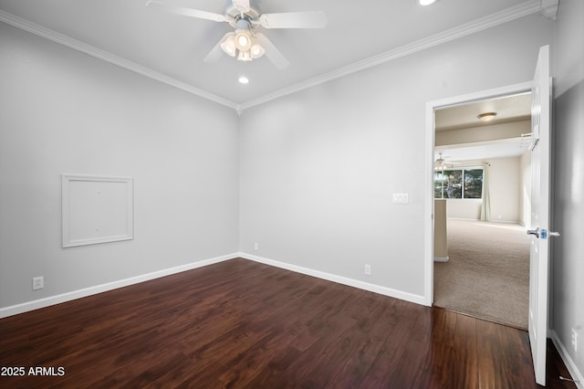 unfurnished room featuring ceiling fan, ornamental molding, and wood-type flooring