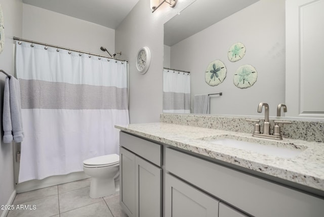 full bath with tile patterned floors, toilet, vanity, and shower / bath combination with curtain
