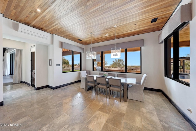 dining room featuring an AC wall unit, wooden ceiling, and a notable chandelier