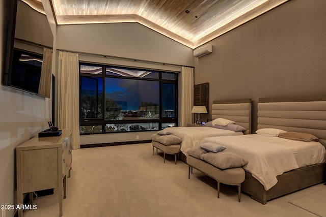 bedroom featuring a wall unit AC, light colored carpet, wood ceiling, and lofted ceiling