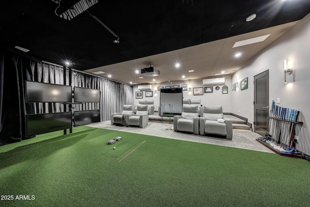 home theater room with a wall mounted AC, carpet, and golf simulator