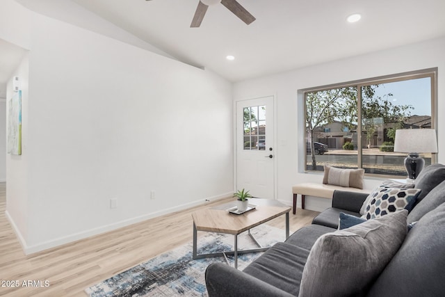 11025 E Cholla Rd, Mesa, AZ 85207 - living area with ceiling fan, light wood-style flooring, vaulted ceiling, baseboards, and recessed lighting