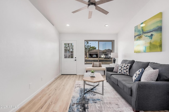 11025 E Cholla Rd, Mesa, AZ 85207 - living area featuring light wood-type flooring, a ceiling fan, baseboards, recessed lighting, and lofted ceiling