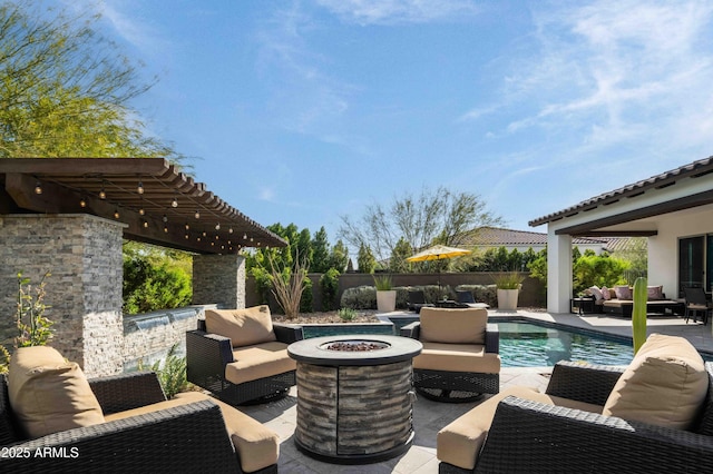 view of patio with a pergola, a fenced in pool, and an outdoor living space with a fire pit