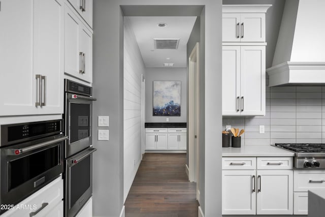 kitchen with appliances with stainless steel finishes, custom exhaust hood, white cabinetry, dark hardwood / wood-style flooring, and decorative backsplash