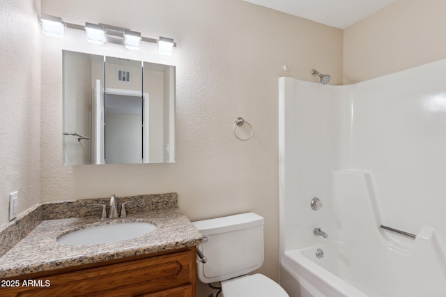 bathroom with toilet, shower / bathtub combination, visible vents, and vanity