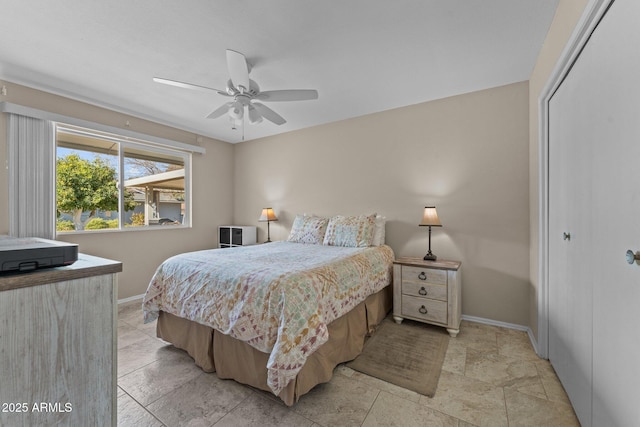 bedroom with ceiling fan and a closet