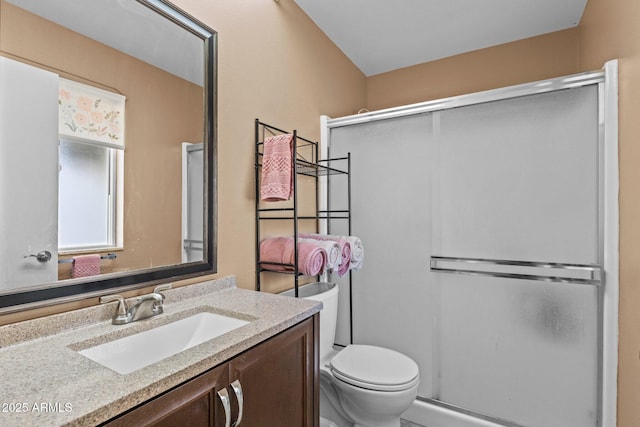 bathroom featuring vanity, toilet, and a shower with door