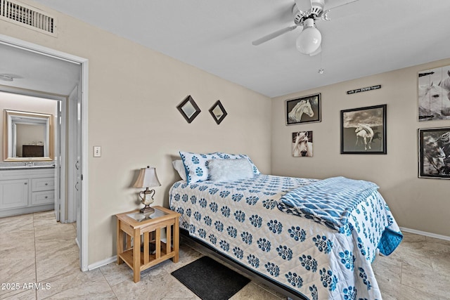 bedroom with ceiling fan and sink