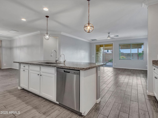 kitchen featuring ornamental molding, open floor plan, wood tiled floor, stainless steel dishwasher, and a sink