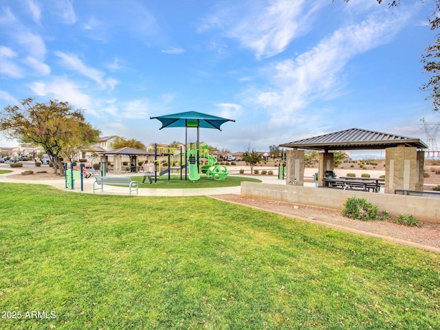 view of home's community featuring a gazebo, a lawn, and playground community