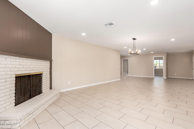 8124 N 45th Ave, Glendale, AZ 85302 - unfurnished living room with recessed lighting, a chandelier, a fireplace, and baseboards