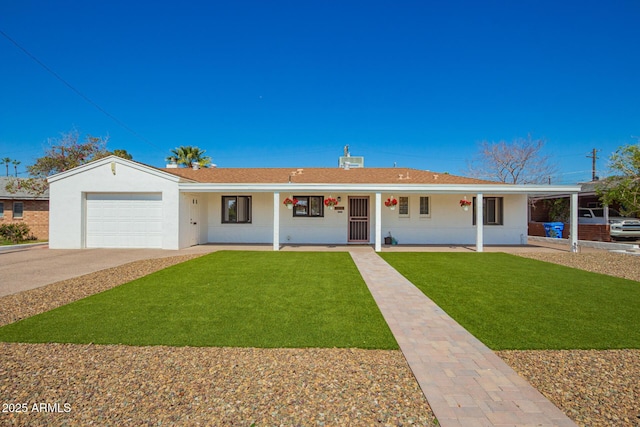 ranch-style house featuring a front lawn, a porch, stucco siding, a garage, and driveway