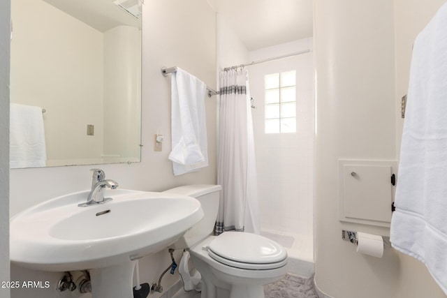 bathroom featuring a sink, toilet, and a stall shower