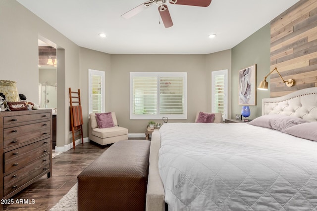 10738 W Rowel Rd, Peoria, AZ 85383 - bedroom with dark wood finished floors, multiple windows, recessed lighting, baseboards, and ceiling fan