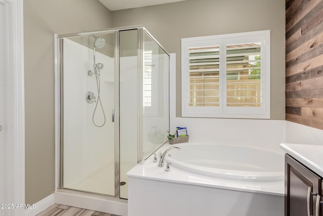 10738 W Rowel Rd, Peoria, AZ 85383 - bathroom with a stall shower, a bath, vanity, and wooden walls
