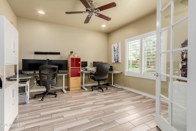 10738 W Rowel Rd, Peoria, AZ 85383 - office space featuring light wood finished floors, baseboards, ceiling fan, and recessed lighting