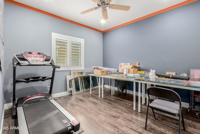 10738 W Rowel Rd, Peoria, AZ 85383 - office area featuring wood finished floors, ceiling fan, baseboards, and ornamental molding
