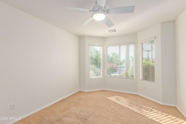 carpeted spare room with a wealth of natural light and ceiling fan