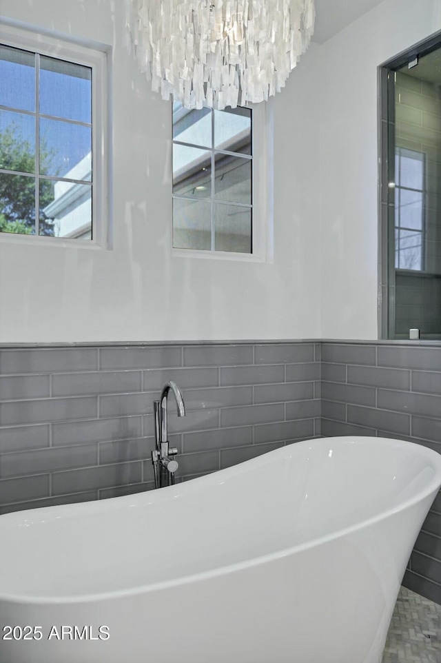 bathroom with a freestanding bath, tile walls, and wainscoting