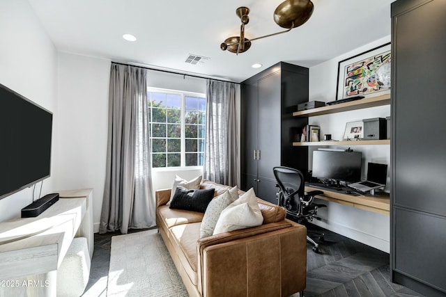 home office with recessed lighting and visible vents