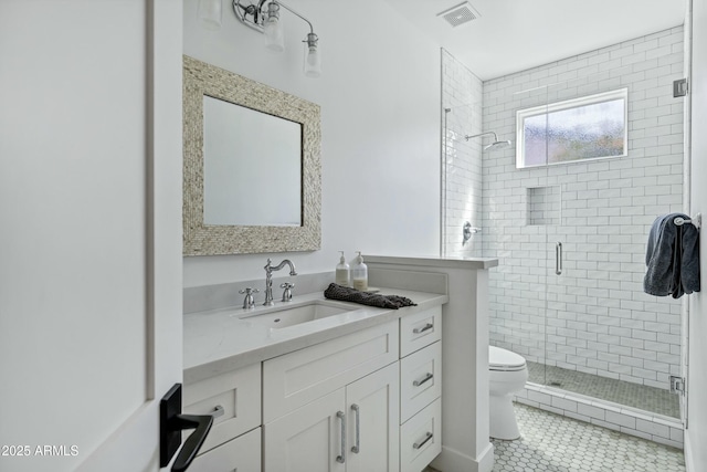 bathroom with vanity, visible vents, a shower stall, tile patterned floors, and toilet