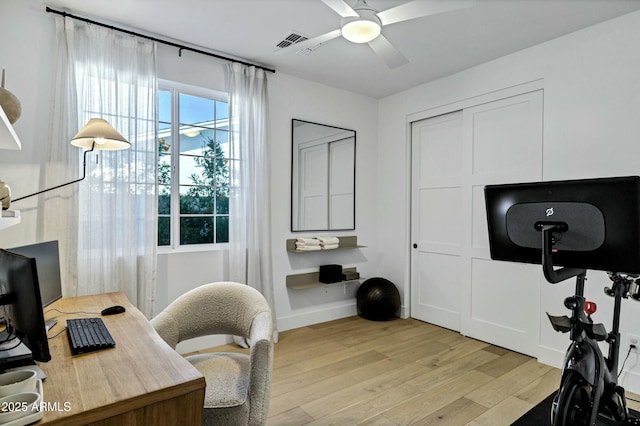 office with visible vents, light wood finished floors, and ceiling fan