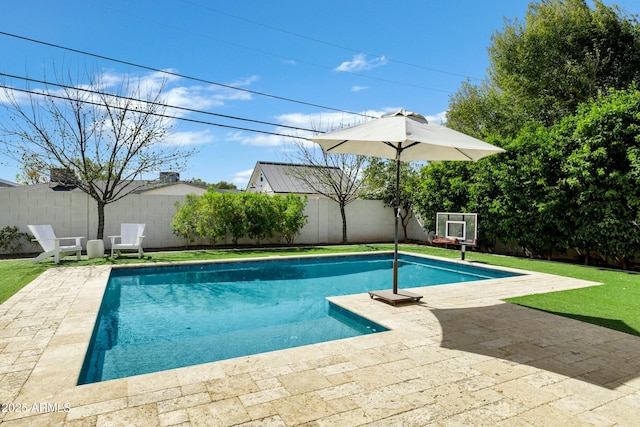 view of swimming pool with a patio, a fenced backyard, and a fenced in pool