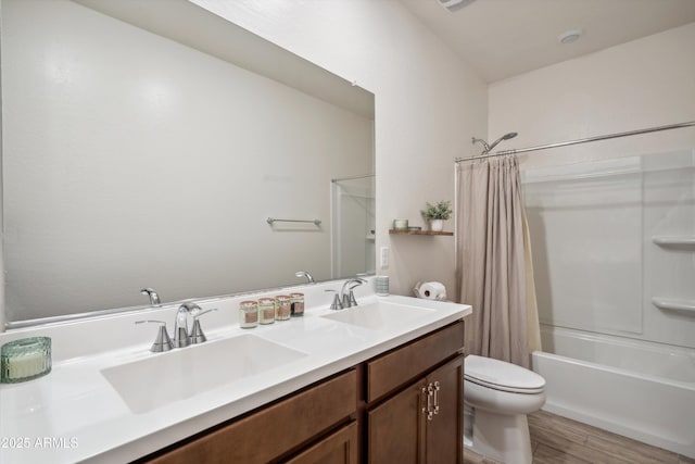 2335 W Sunland Ave, Phoenix, AZ 85041 - full bathroom with toilet, double vanity, wood finished floors, and shower / bath combo with shower curtain