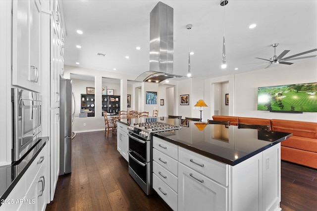 kitchen with white cabinetry, a center island, stainless steel appliances, decorative light fixtures, and island range hood