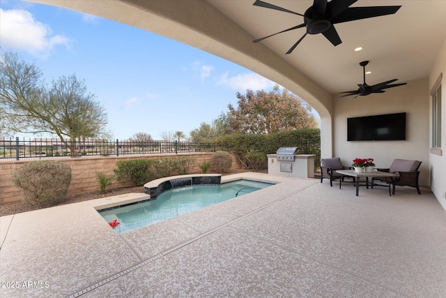 view of pool featuring ceiling fan, area for grilling, a patio, and a grill