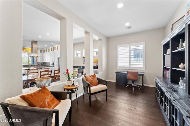 living area featuring dark hardwood / wood-style floors and a healthy amount of sunlight