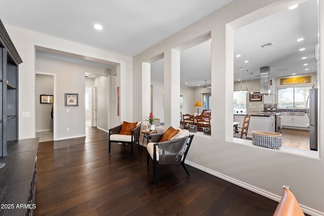 living area with dark hardwood / wood-style flooring and sink