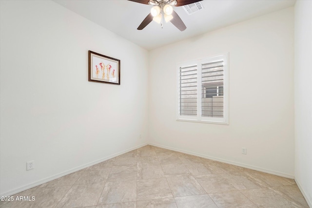 unfurnished room featuring a ceiling fan, visible vents, and baseboards