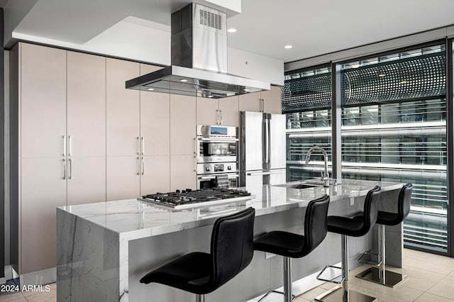 kitchen featuring stainless steel appliances, a sink, a large island, light stone countertops, and island exhaust hood