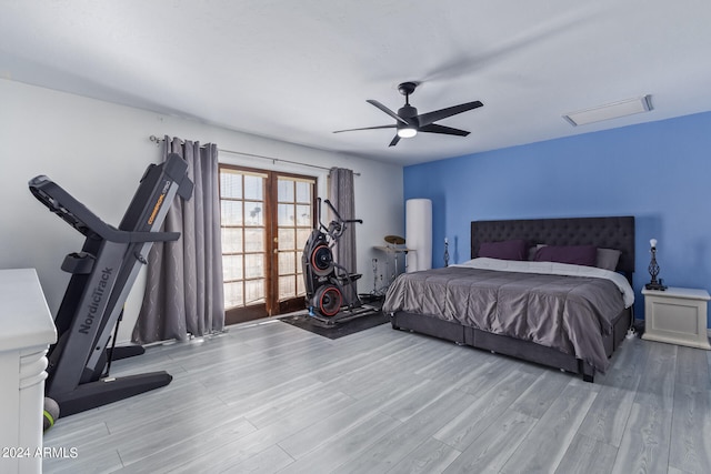 bedroom featuring ceiling fan and light wood-type flooring