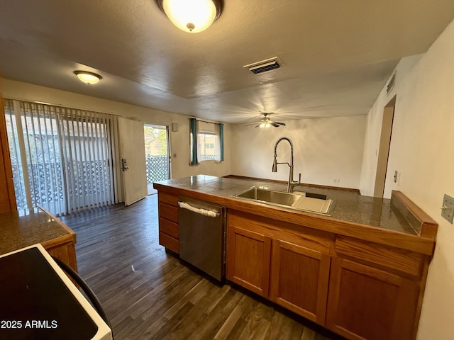 kitchen with ceiling fan, dishwasher, dark hardwood / wood-style floors, and sink