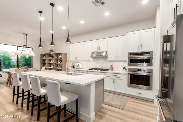 kitchen with a sink, appliances with stainless steel finishes, under cabinet range hood, decorative backsplash, and light wood-type flooring